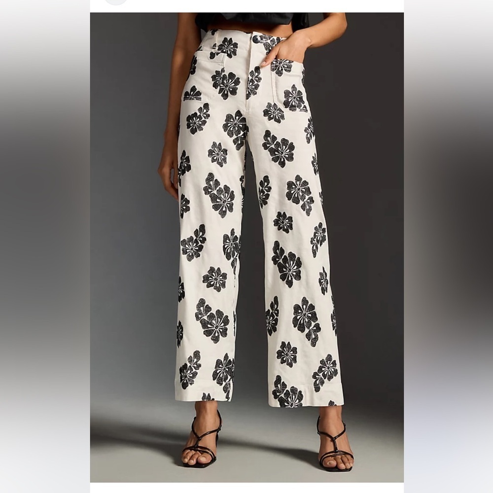Anthropologie Colette Floral Black and White Women's Wide Leg Cropped Pants 2